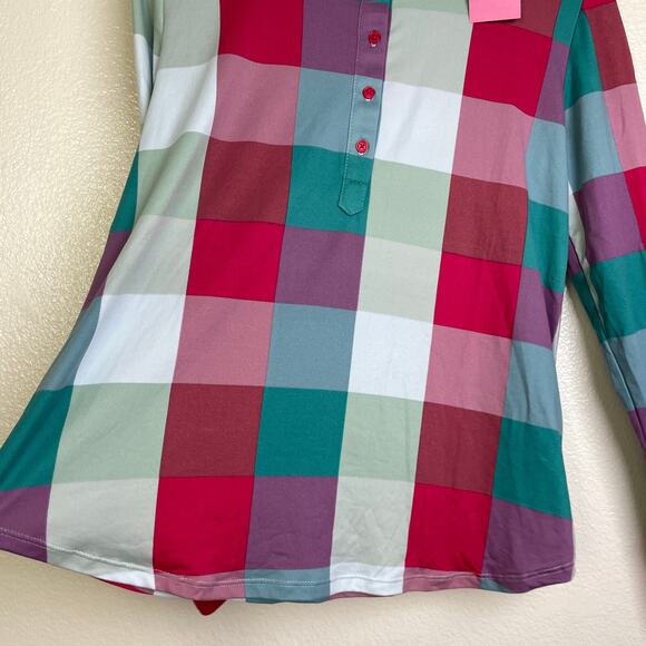 Kate Spade Henley Long Sleeve Pajama Top Small Check Button Pink Multi Cotton - Picture 8 of 13